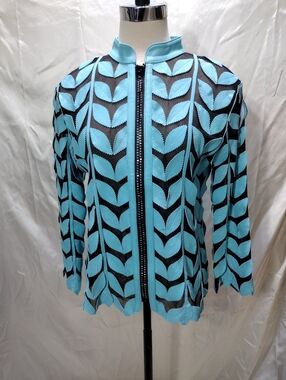 Rare Unique Leather Studio Leather Leaves Women's Zippered Jacket Size L